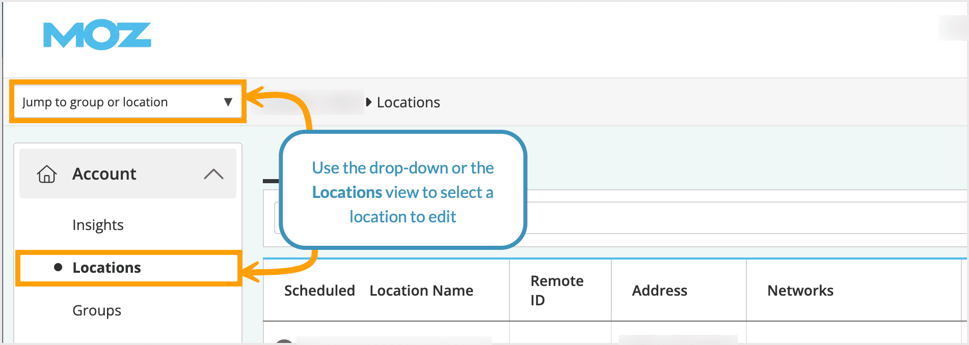 Screenshot showing where to select a location in Moz Local.