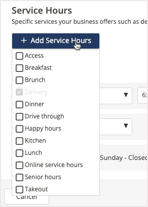 Screenshot of the service hours menu.