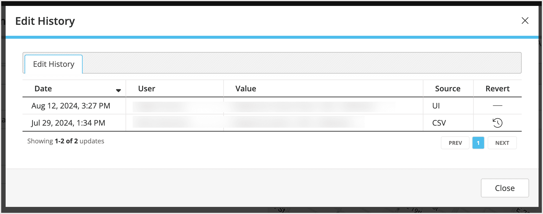 Screenshot of the edit history popup.
