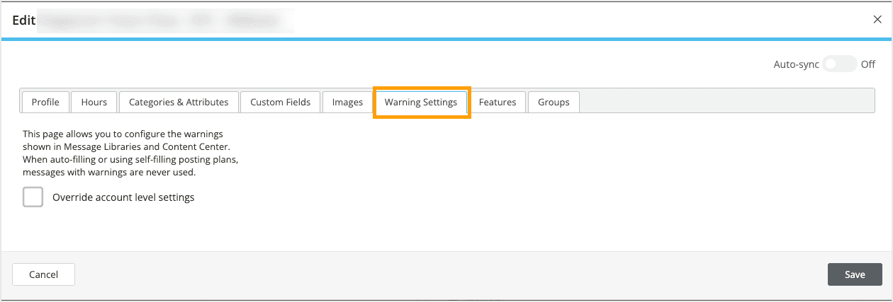Screenshot of the warning settings tab.
