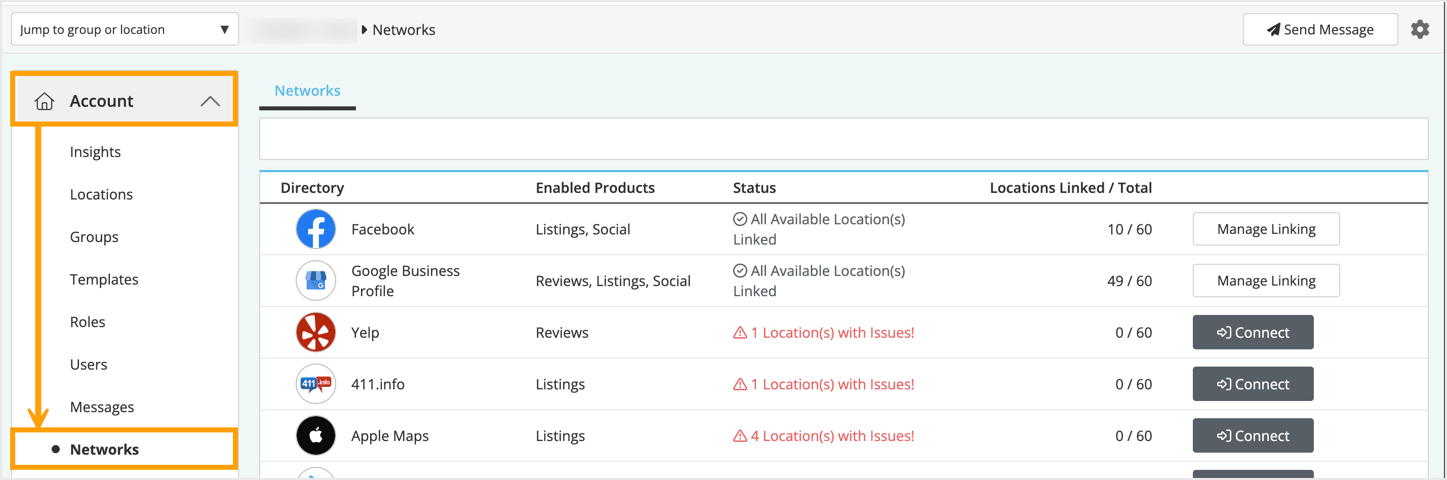 Screenshot showing location of Networks in the left-hand navigation menu.