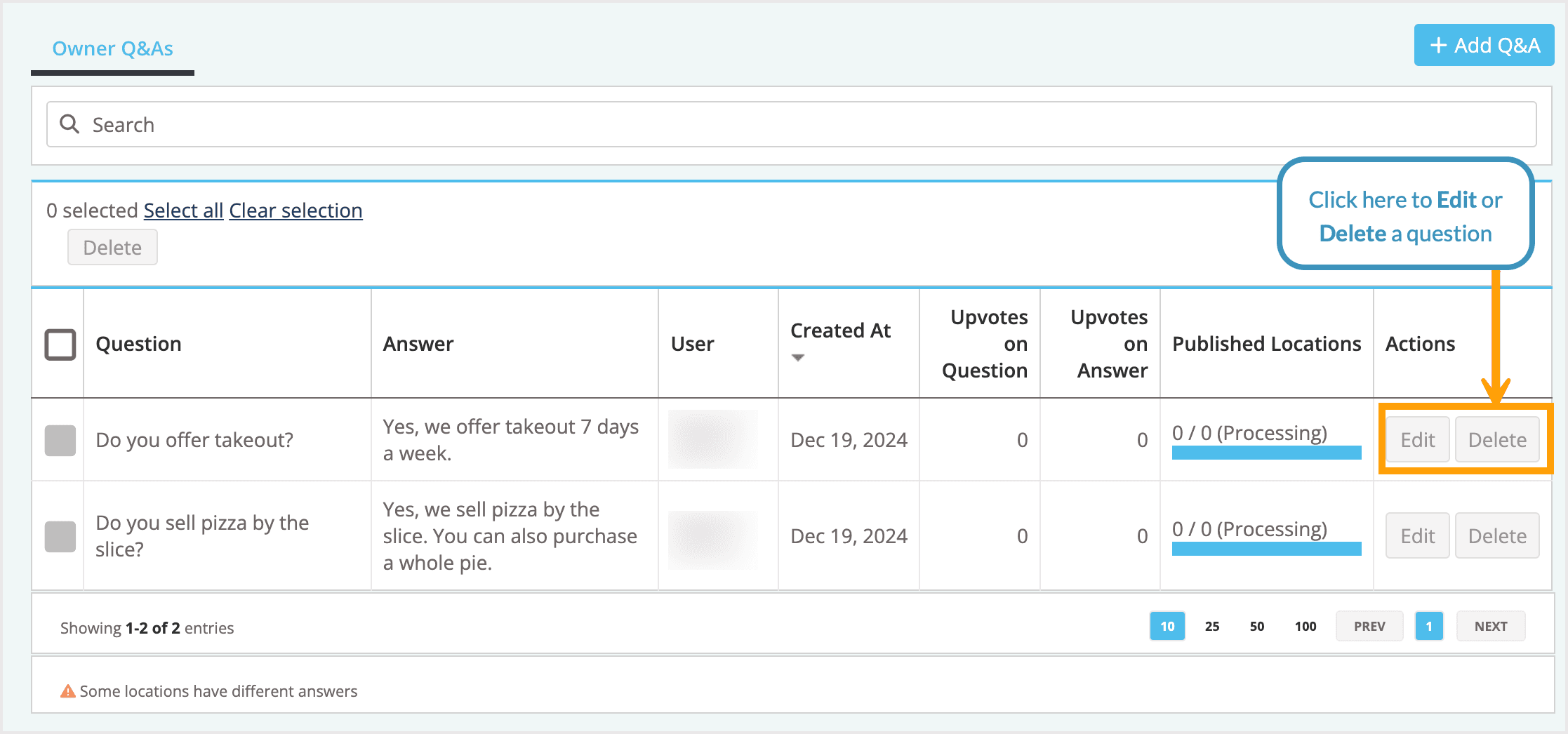 Screenshot showing where the buttons to edit and delete a Q&A are located.