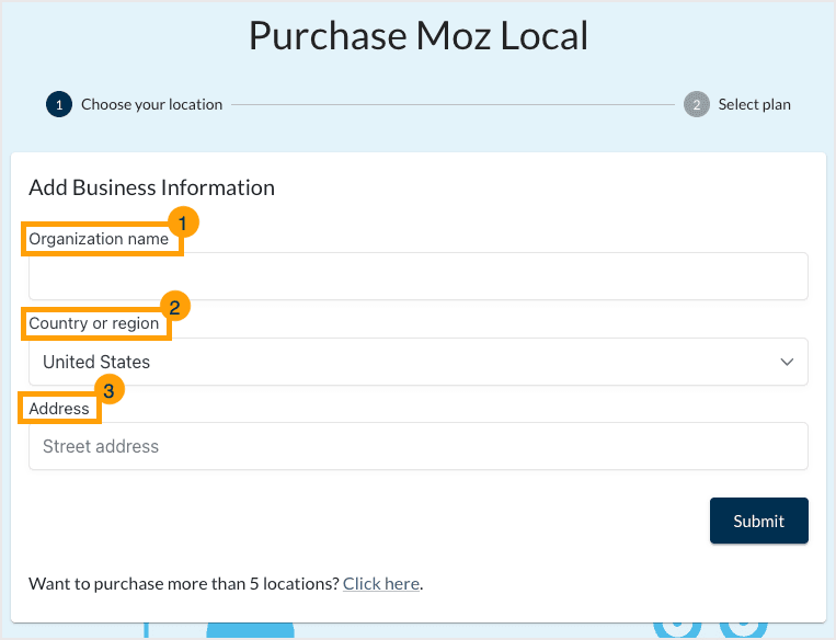 Screenshot of the purchase flow for Moz Local where you can enter your business name and address.