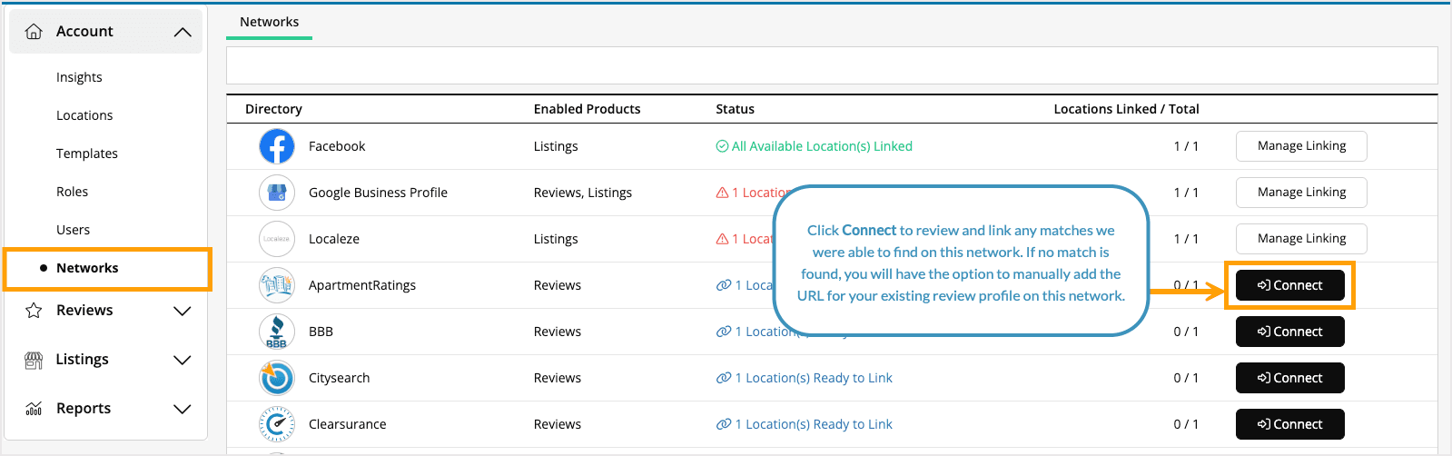 Screenshot of the networks tab.