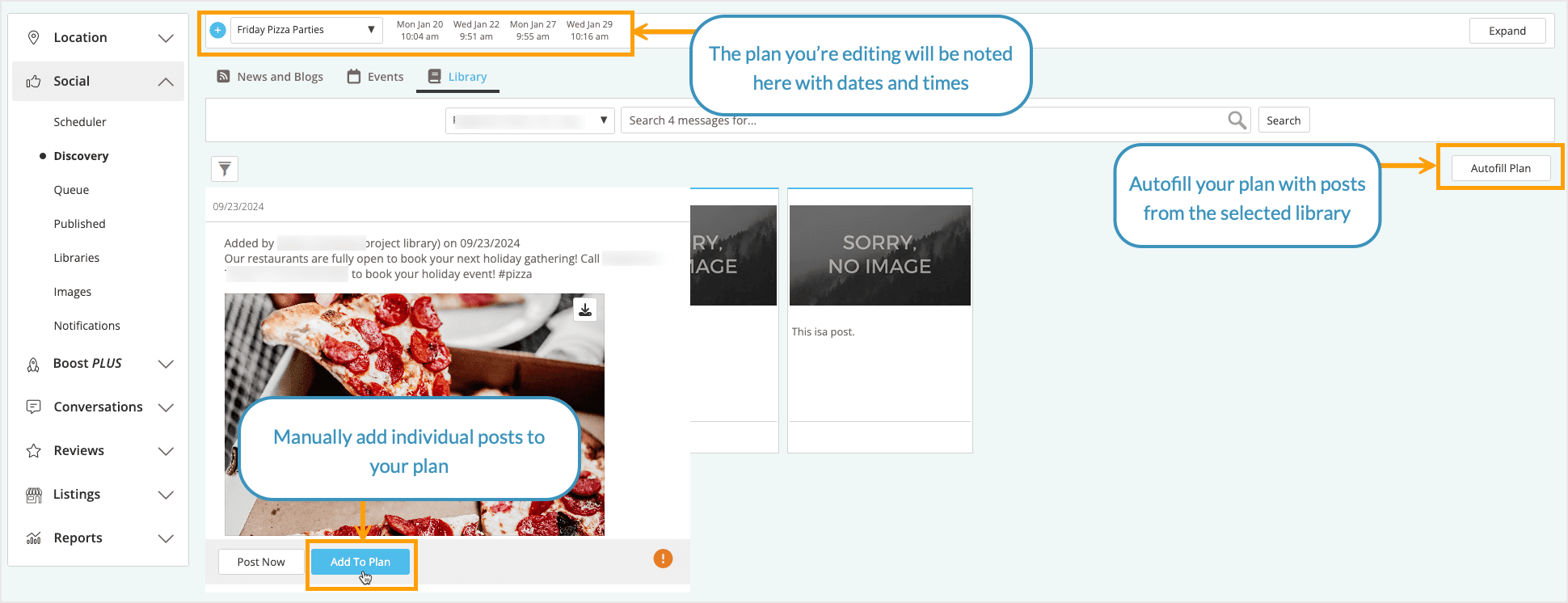 Screenshot showing the Discover view where you can manually add posts to your plan.