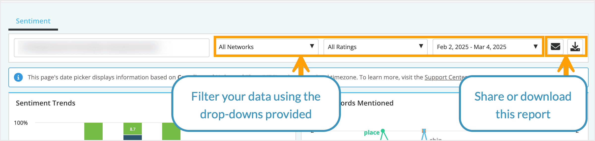 Screenshot highlighting the filters and share options in Sentiment.