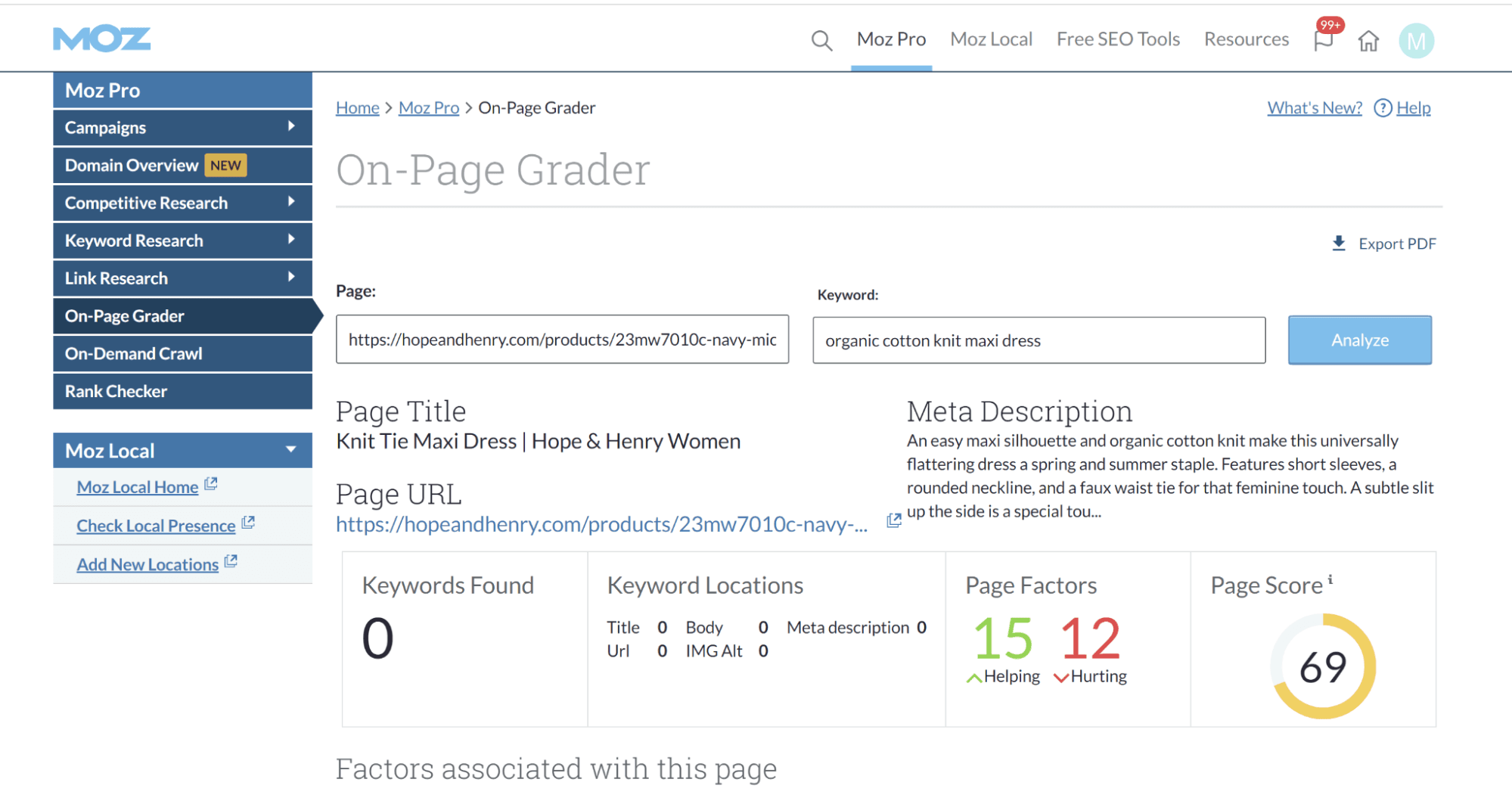 Moz On-page Grader helps us see further metrics about the page outranking us, as described in the text which follows.