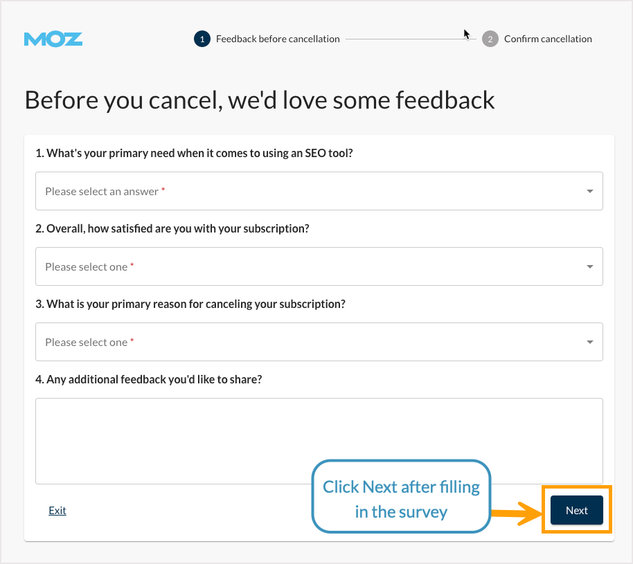 Screenshot of the cancellation survey step.