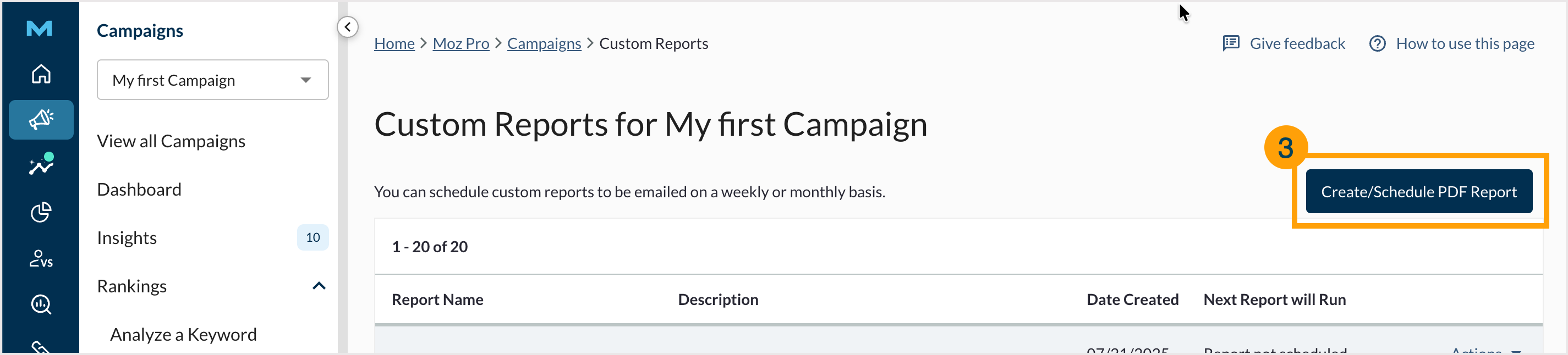Screenshot of the create report button.
