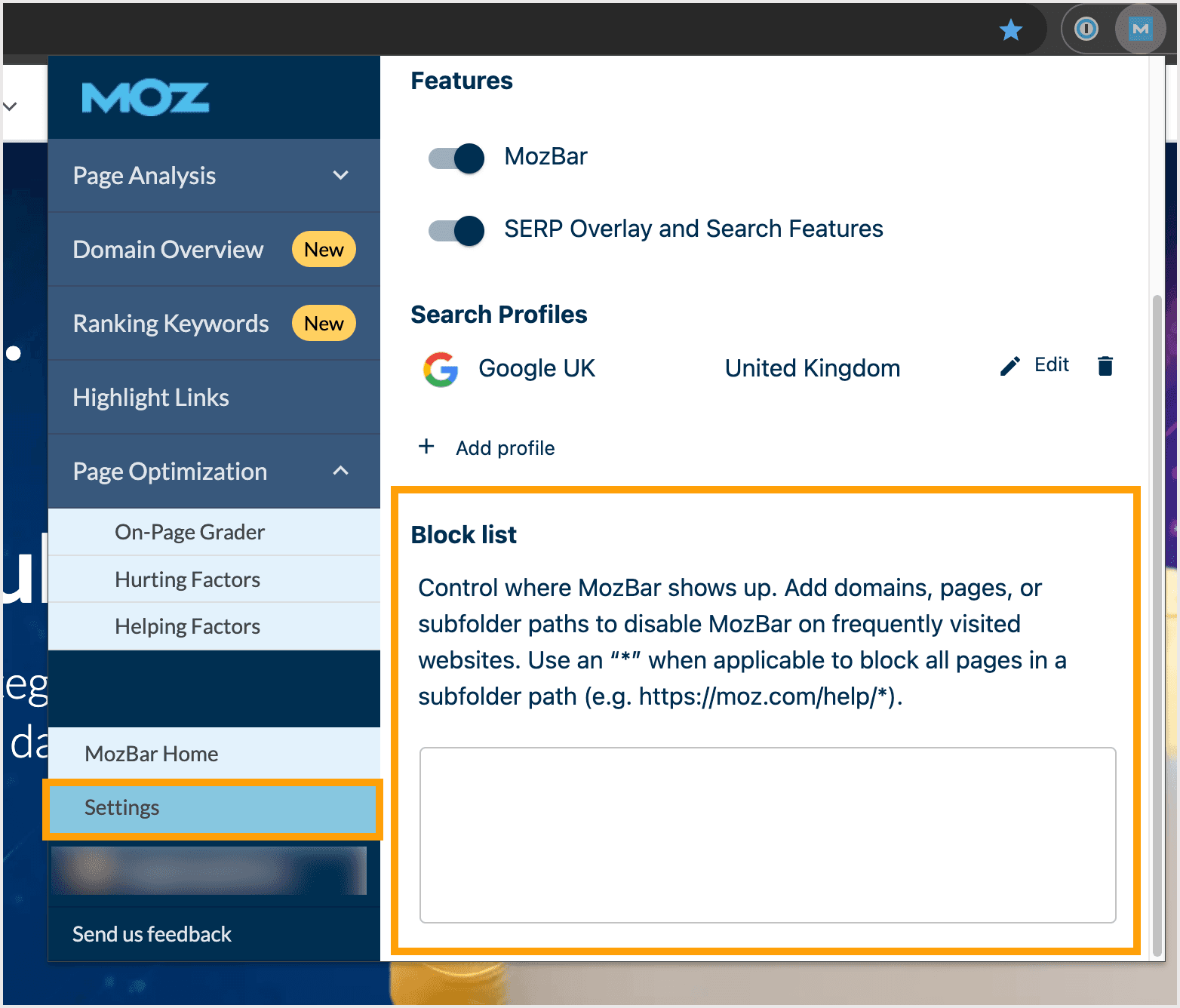 Screenshot of the block list option in MozBar.