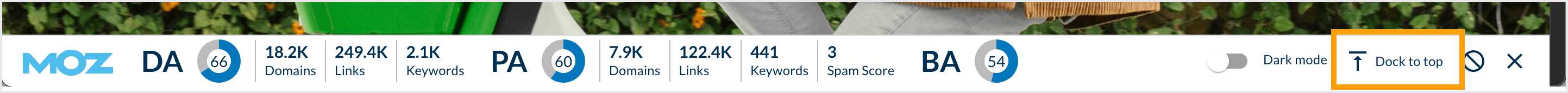 Screenshot outlining where to find the "Dock to Top" button in MozBar.