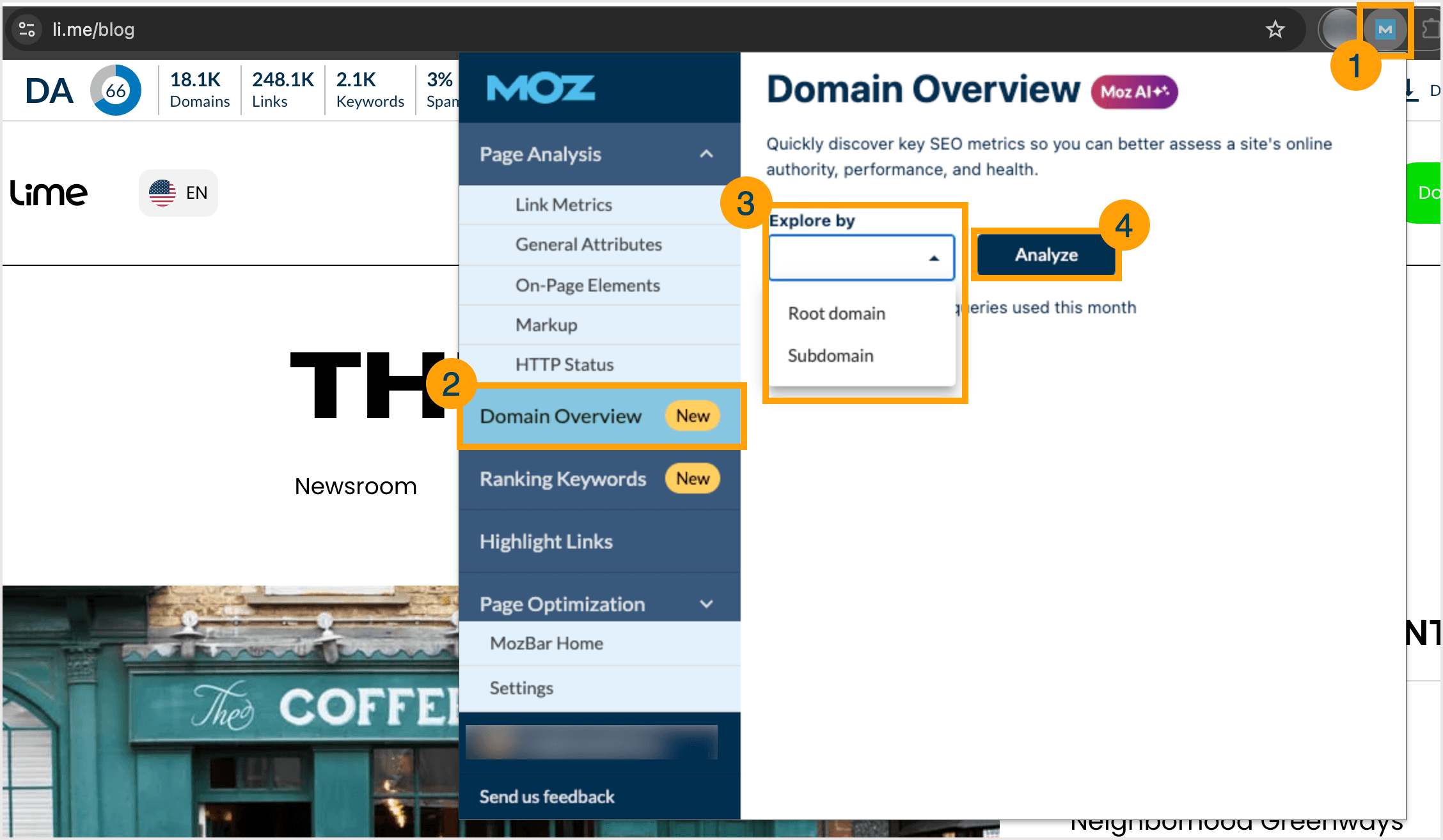 Screenshot showing getting started steps for Domain Overview section of MozBar.