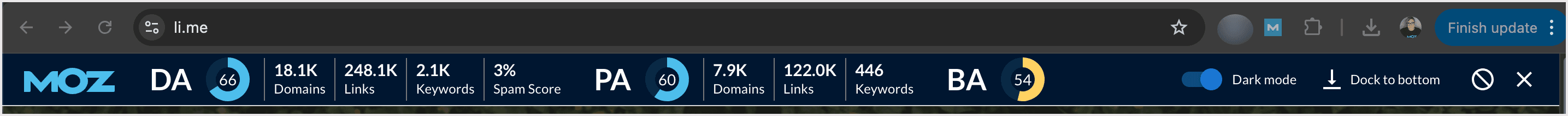 Screenshot of the MozBar metrics bar.