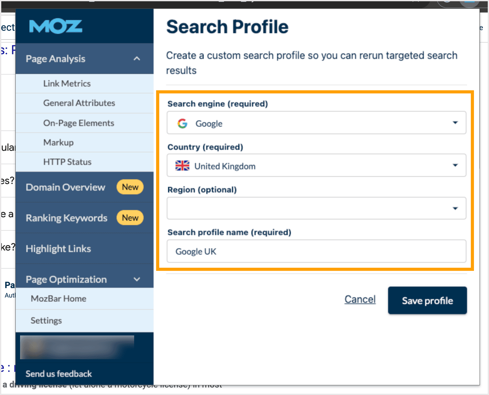 Screenshot of the fields required for setting up a search profile in MozBar.