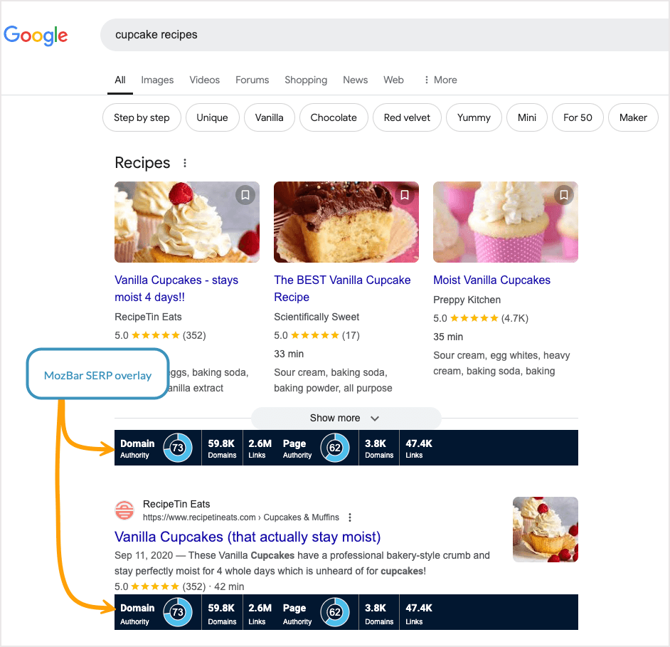 Screenshot of the SERP overlay feature of MozBar in Google.