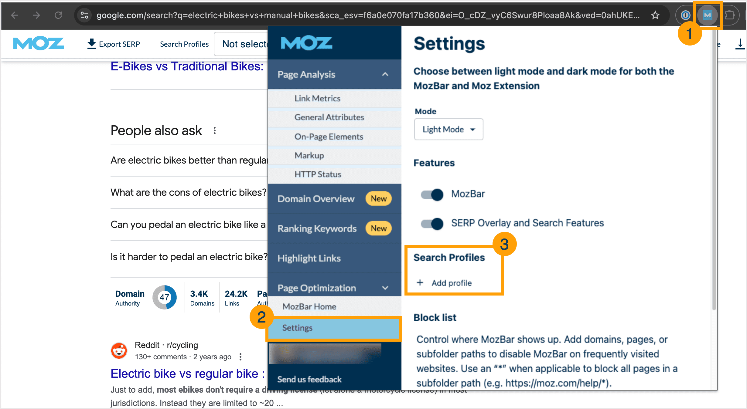 Screenshot showing the steps to set up a search profile in MozBar.