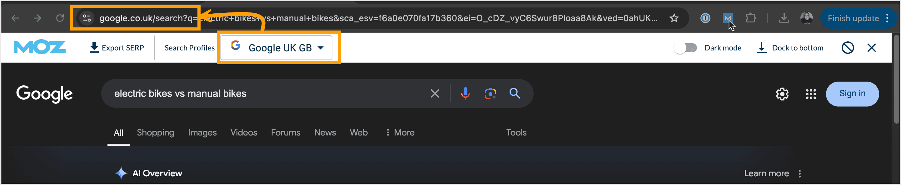 Screenshot showing the updated SERP that matches the selected search profile.