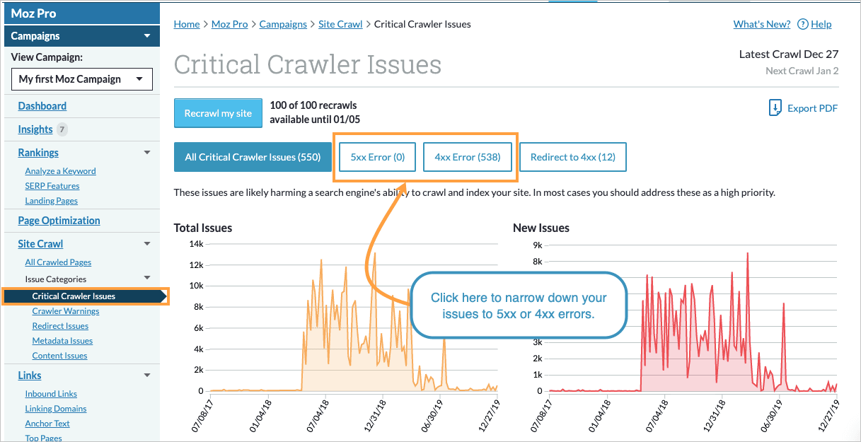 You can monitor your 5xx and 4xx errors in the Critical Crawler Issues section