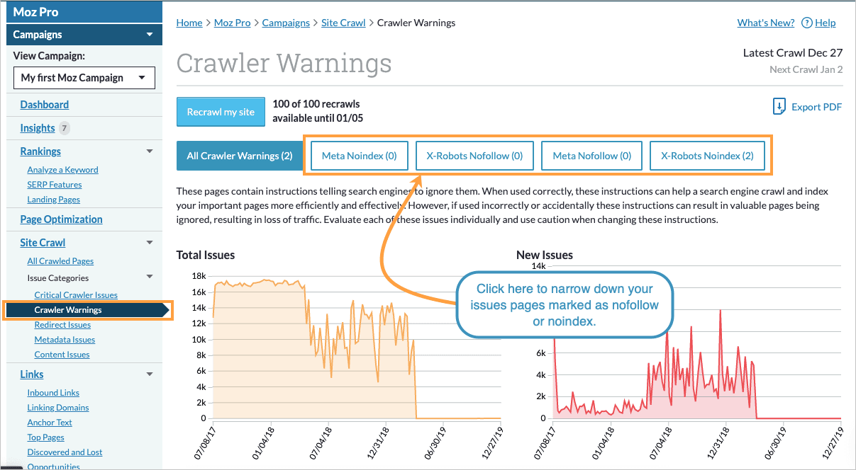 You can monitor your noindex pages in the Crawler Warnings section of your Campaign.