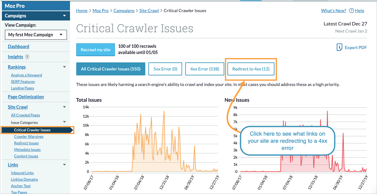 Head to your Critical Crawler Issues section and then to 4xx errors.