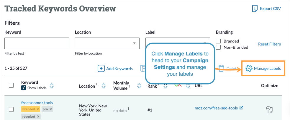 Click manage labels to view and manage all the labels in your Campaign.