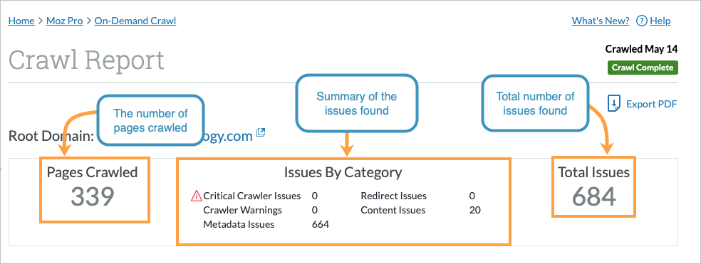 At the top of your On Demand Crawl report you will see an overview of the report including the number of pages crawled and the number of issues found.