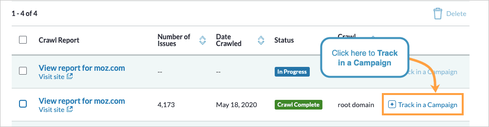 From the On Demand Crawl overview screen you can click Track in a Campaign from the right hand column to start a new Campaign for this domain.
