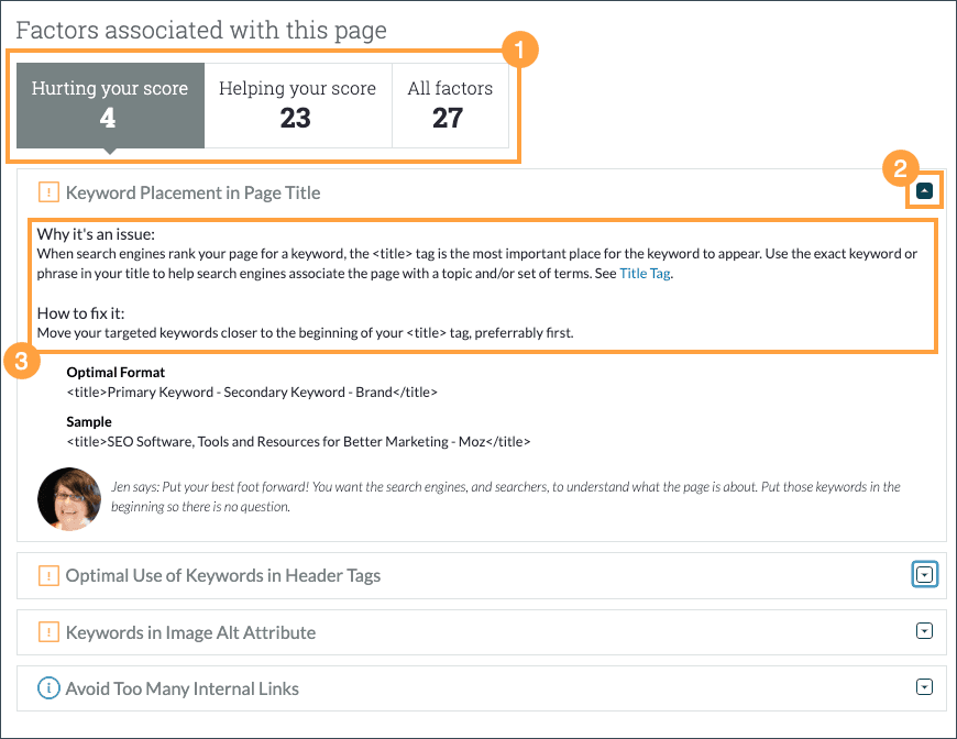 In the Factors associated with this page section of the report you can learn more about why something is an issue and how to resolve it.