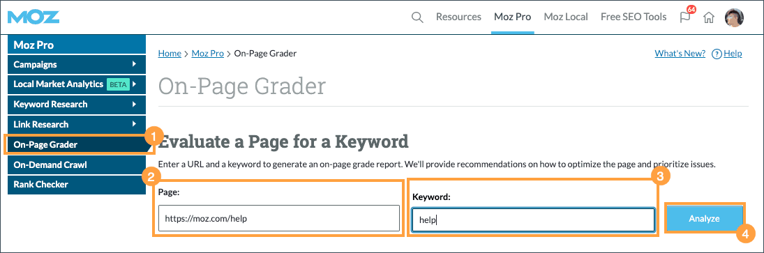 Enter the page URL and Keyword you're wanting grade and click analyze to the right.
