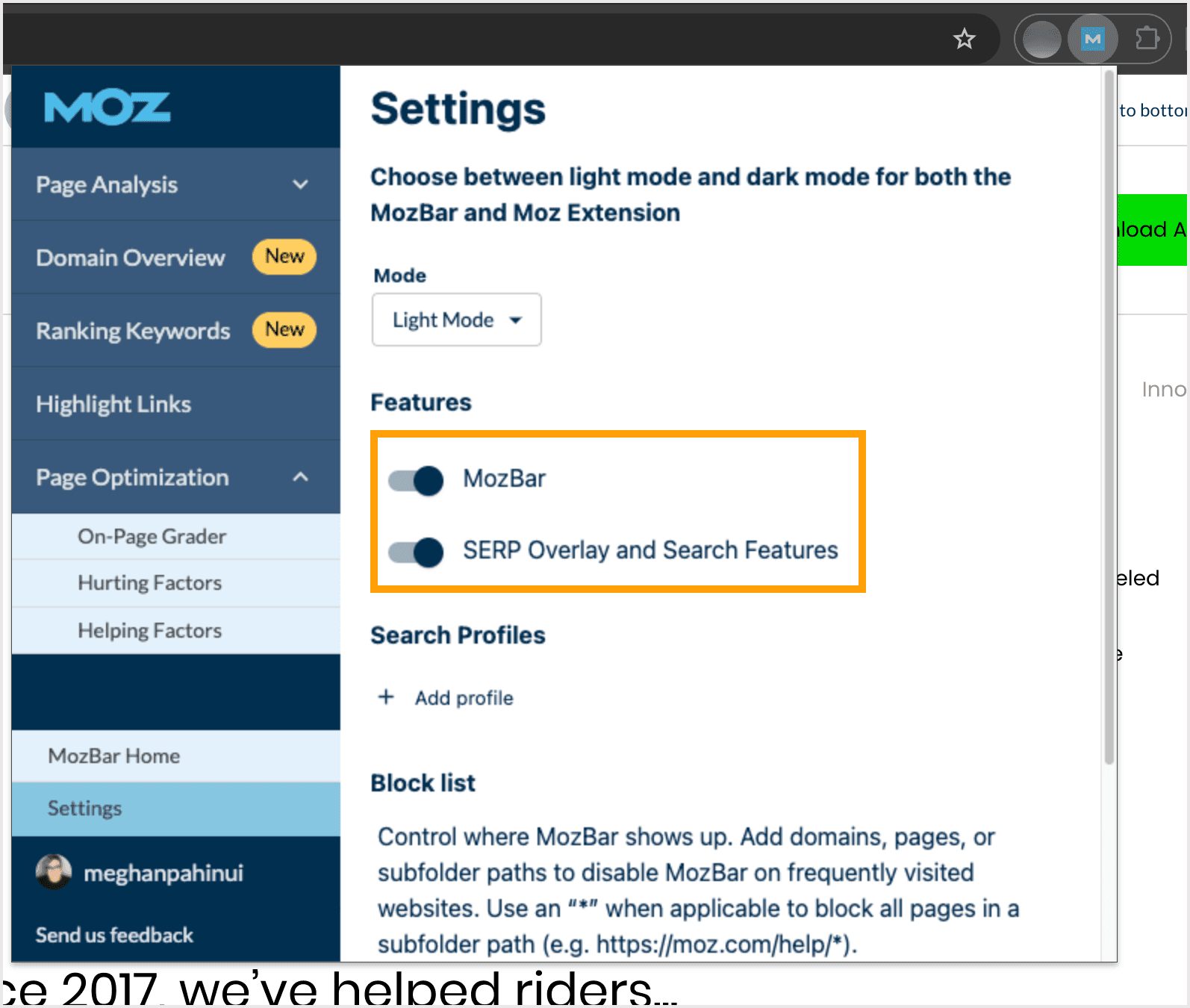 Screenshot of the settings menu where you can toggle on MozBar and SERP overlay