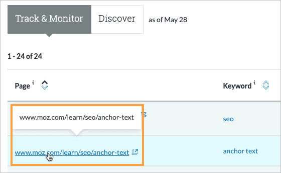 Track and Monitor tab within Page Optimization with mouse hovering over the page URL to verify the chosen subdomain.