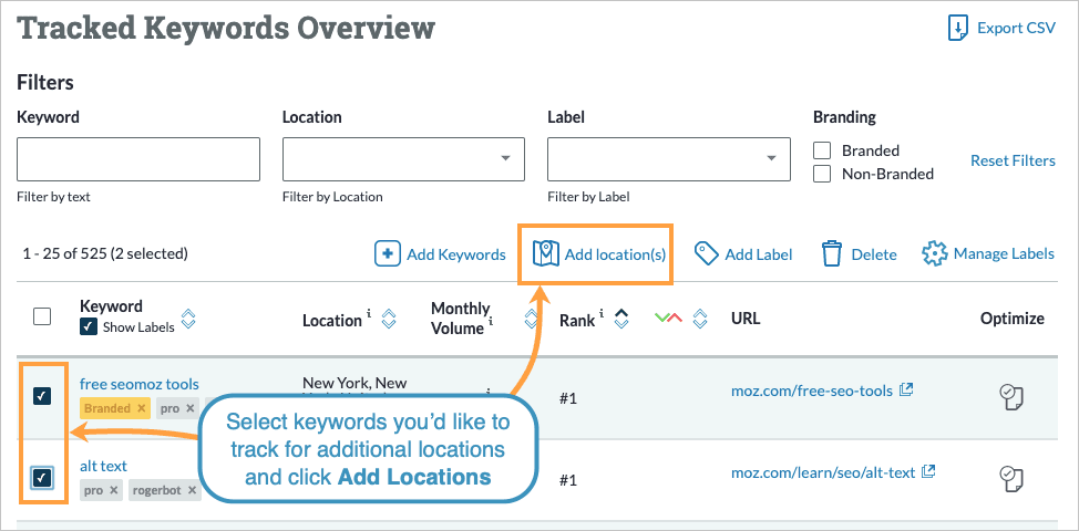 Select keywords you'd like to track for additional locations using the checkboxes on the left and then click add locations.