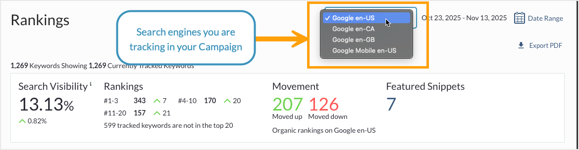 Use the drop-down at the top right to select the search engine you'd like to see rankings for.