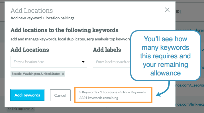 The number of keywords you're adding will be noted along with how many keywords are left in your subscription limits.