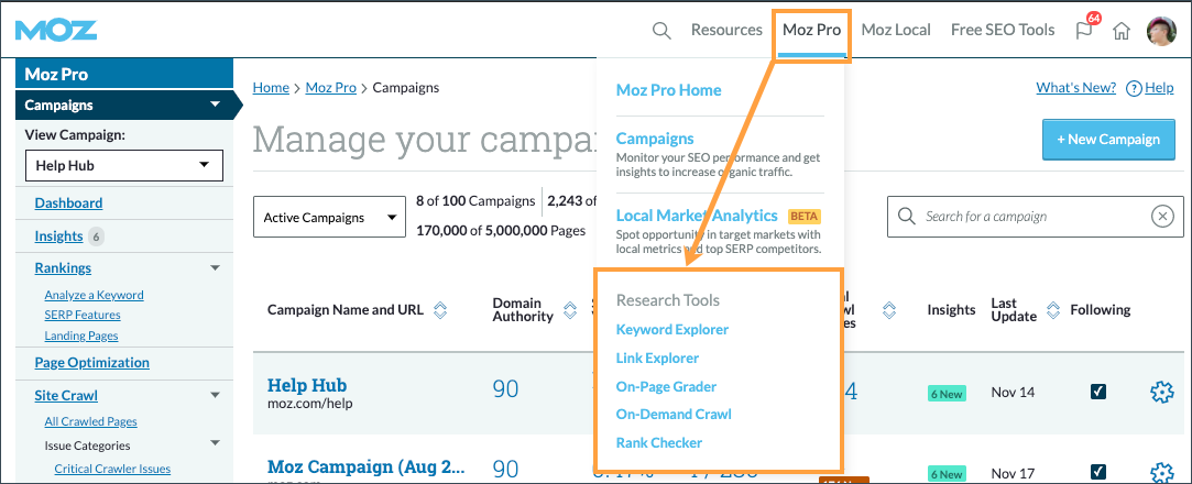 Location of the Research Tool links in the Moz Pro menu dropdown on the top right of moz.com.