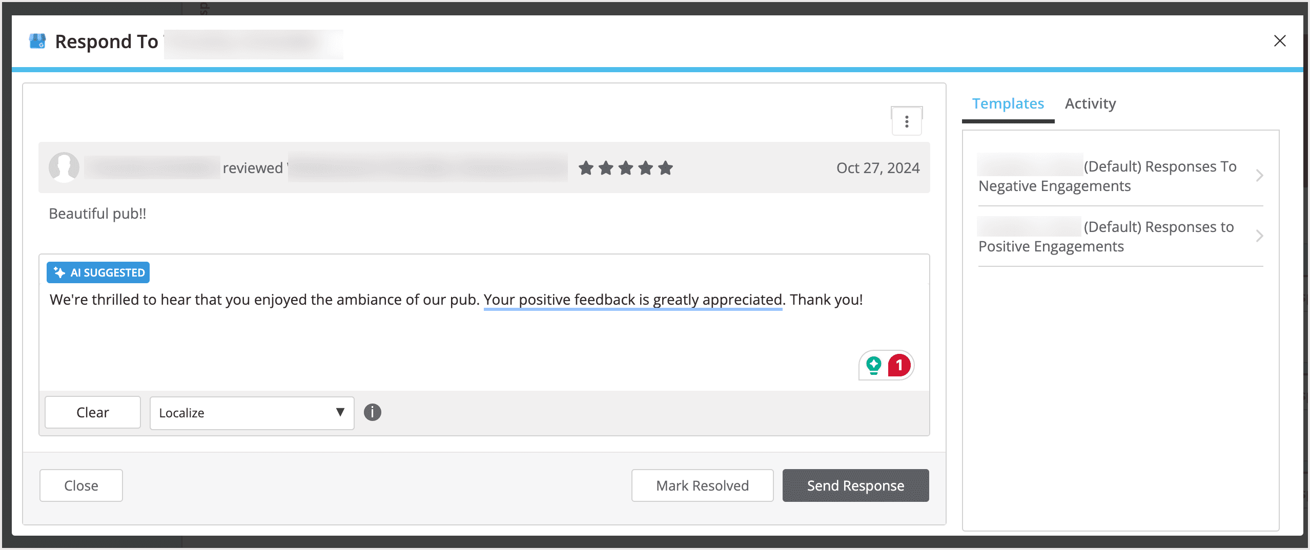 Screenshot of the review response popup window.