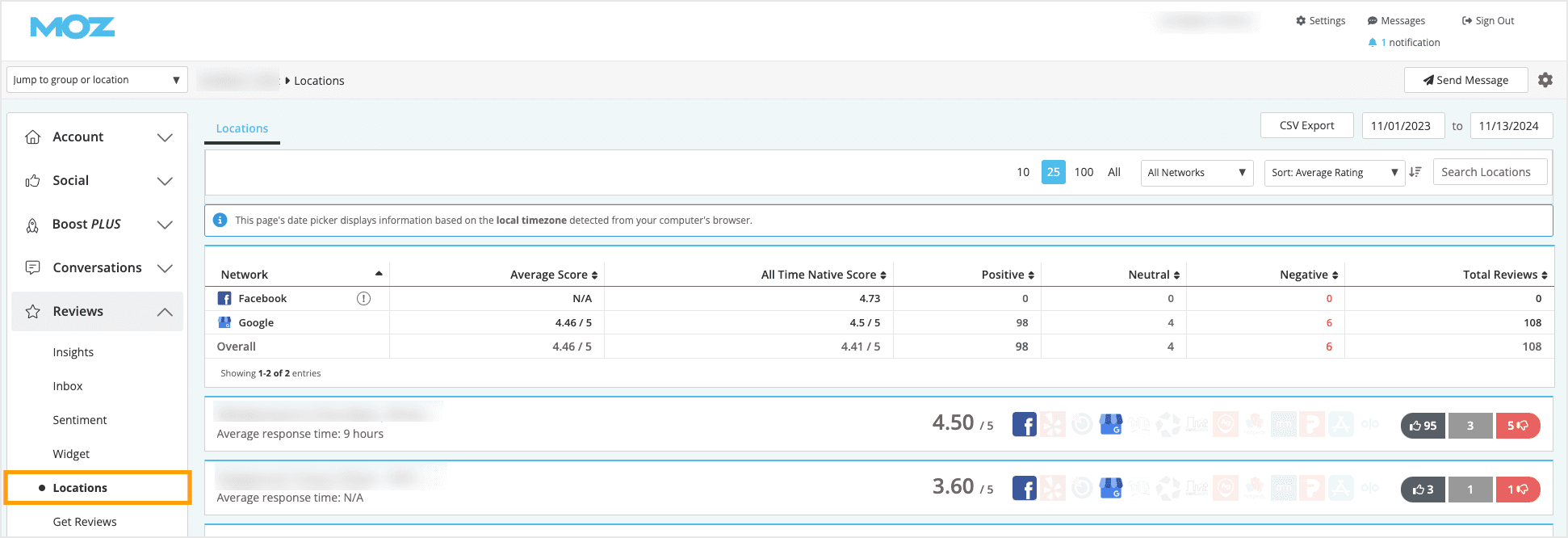 Screenshot of the locations view in the Reviews section of Moz Local.