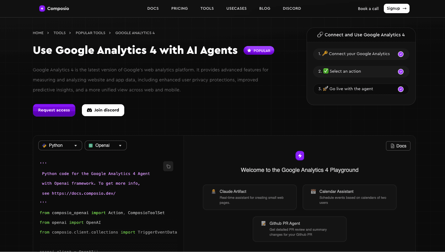 Screenshot of Composio use case with GA4