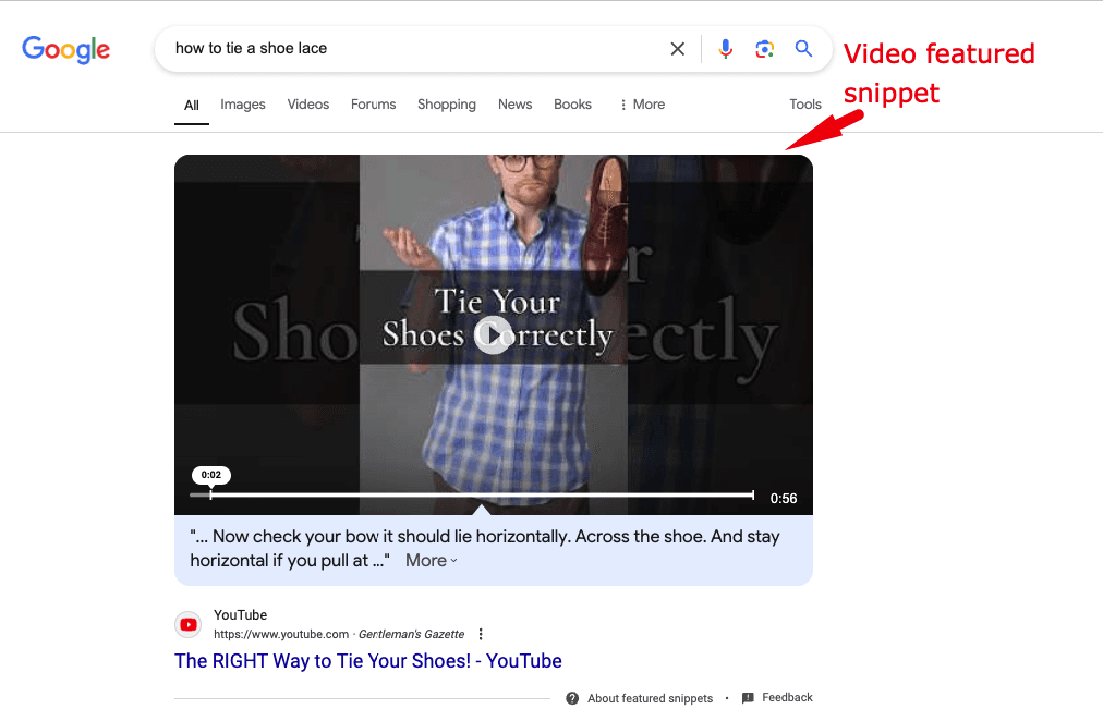 Screenshot showing video content for a featured snippet