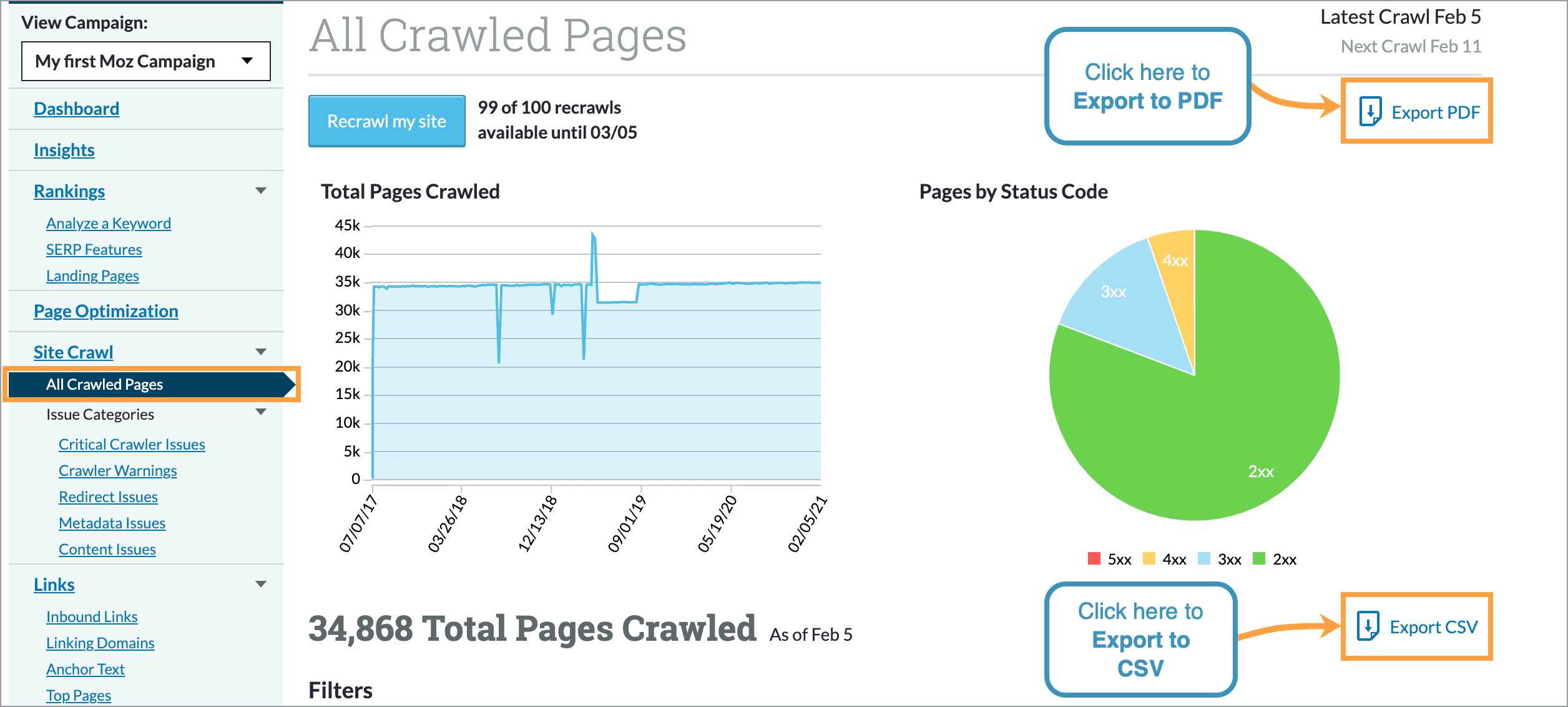 You can opt to export all your crawled pages to CSV or PDF in the All Crawled Pages section of your Campaign.