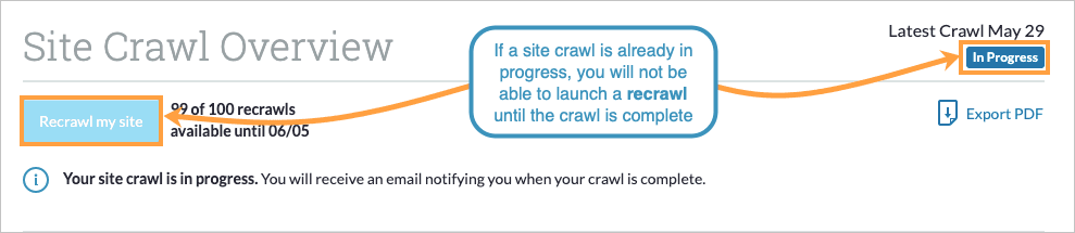 Site Crawl overview with "Recrawl my site" button greyed out. There is an "in progress" tag below the latest crawl date showing that a crawl is currently processing.