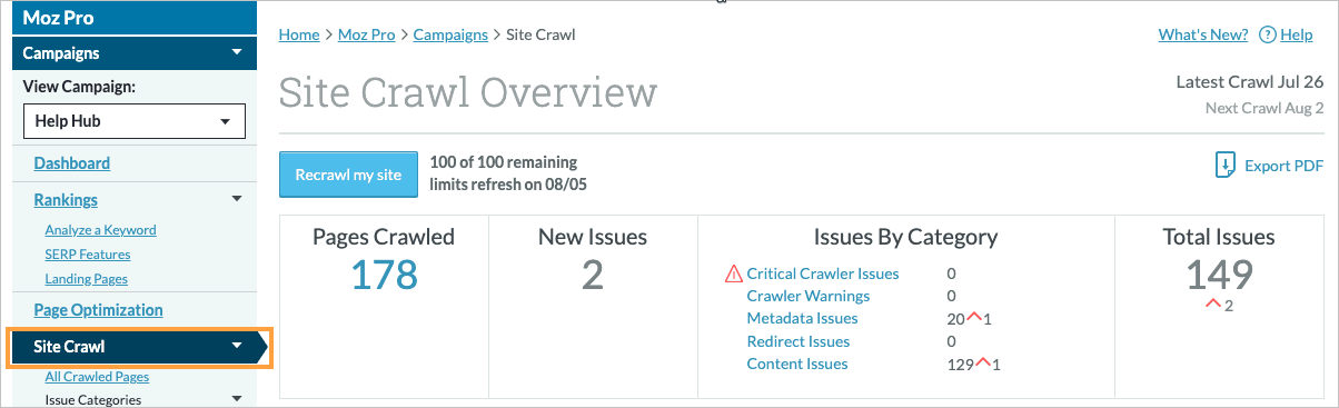 Site Crawl tab menu location in the left navigation.