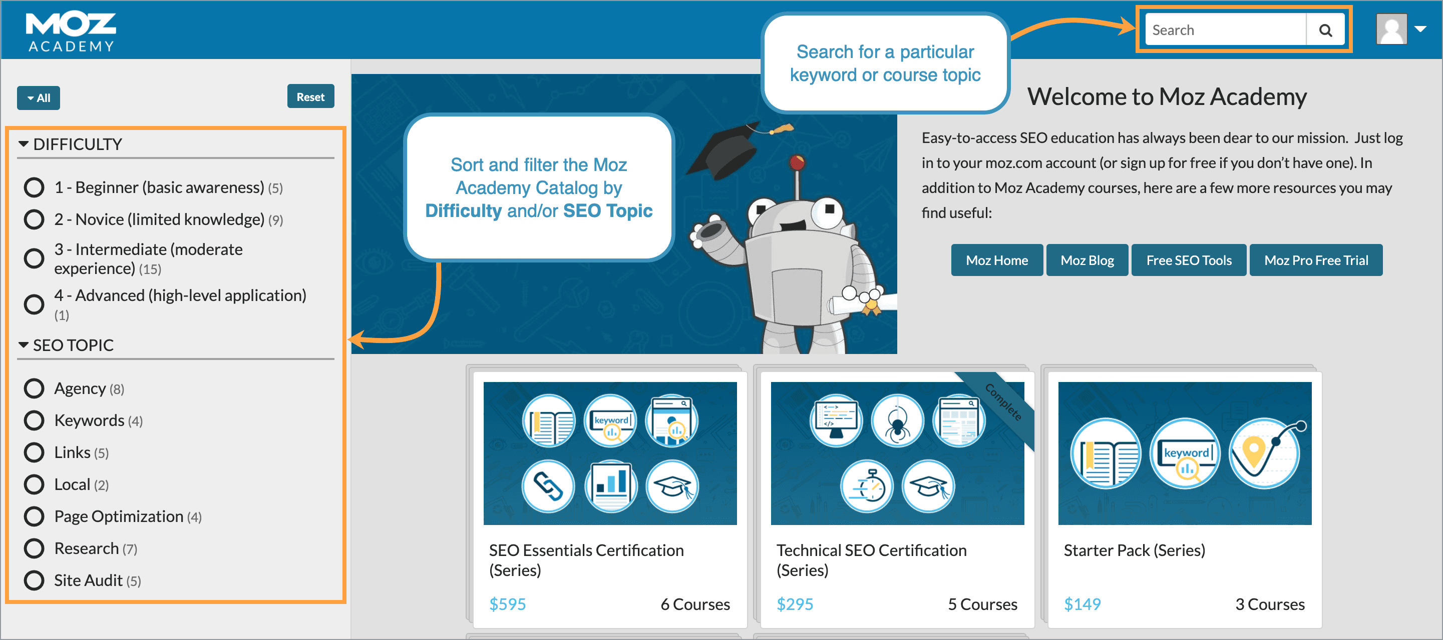 Within Moz Academy you can search and filter for courses that will fit your goals.