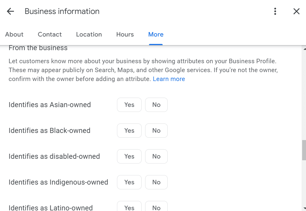 The attributes section of the New Merchant Experience, including attributes like "identifies as as Latino-owned" and "identifies as a small business"