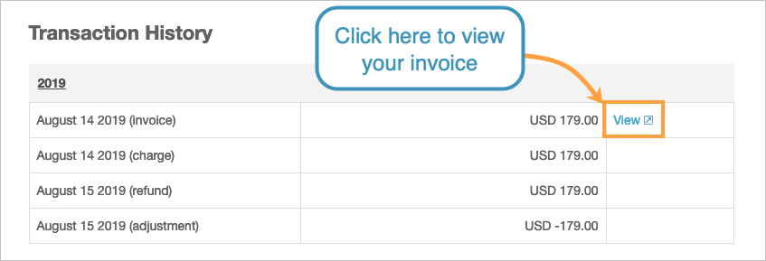 Invoices will have a view link available - click it to see the invoice itself.