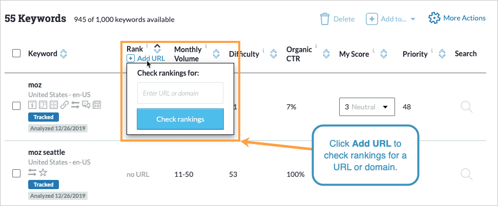 The rank column in Keyword Lists can help you check is a site is ranking on the first page.
